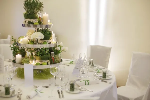 Beautiful table set  for green wedding or event party, indoors,